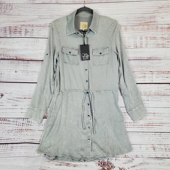 Chaser Drawstring Gray Shirt Dress Sz M Elephant Cloud Wash Casual Neutral NWT - Picture 2 of 12